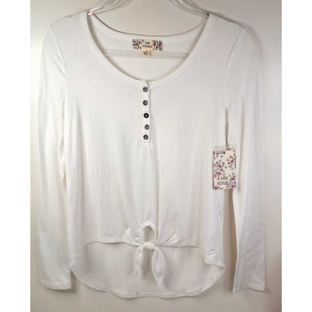 Pink Rose Henley Front Tie Top Women's Small White Casual NWT